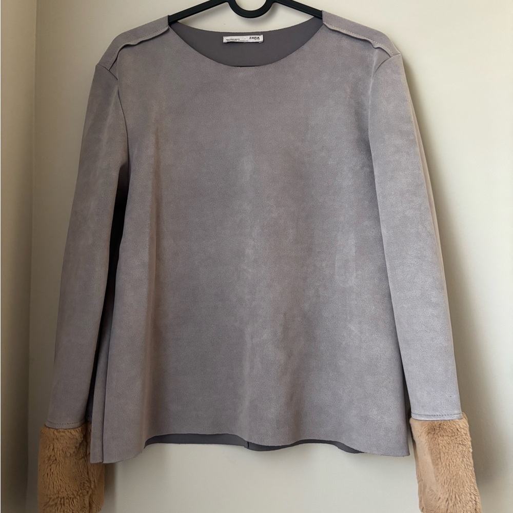 Zara Gray Suede Blouse with Tan Fur Cuffs